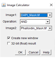 An example image of the image calculator window for ImageJ and what inputs to use.